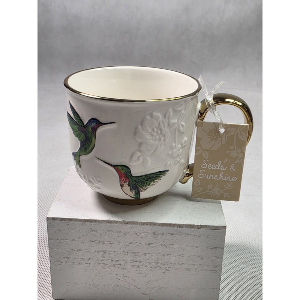 Seeds & Sunshine Hummingbird Floral Botanical Mug Garden Bird 16oz Gold Rim B99